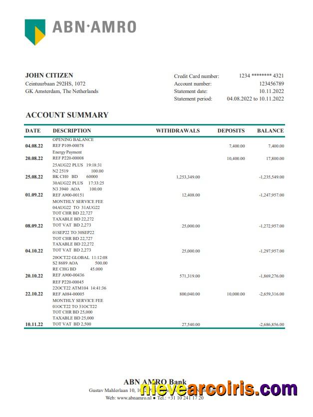 Netherlands ABN AMRO bank statement XLS